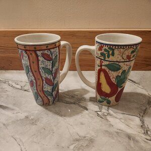 Set of 2 fruit-themed oversized ceramic mugs.
